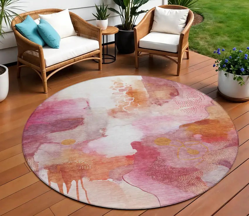8' Pink Copper And Ivory Round Abstract Washable Indoor Outdoor Area Rug Photo 2