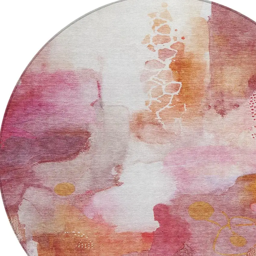 8' Pink Copper And Ivory Round Abstract Washable Indoor Outdoor Area Rug Photo 4