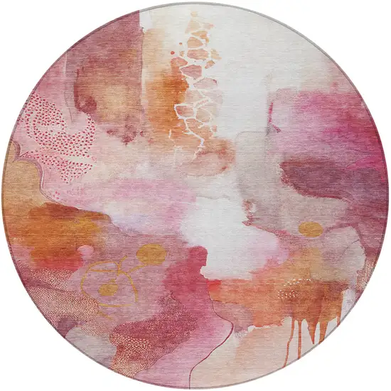 8' Pink Copper And Ivory Round Abstract Washable Indoor Outdoor Area Rug Photo 3
