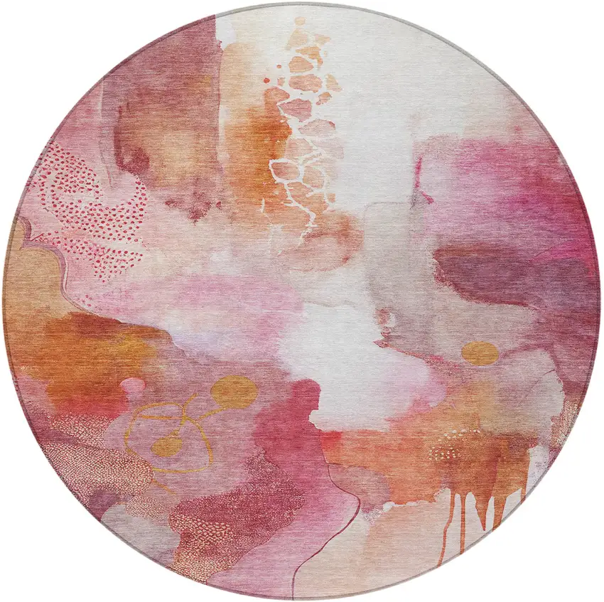 8' Pink Copper And Ivory Round Abstract Washable Indoor Outdoor Area Rug Photo 3