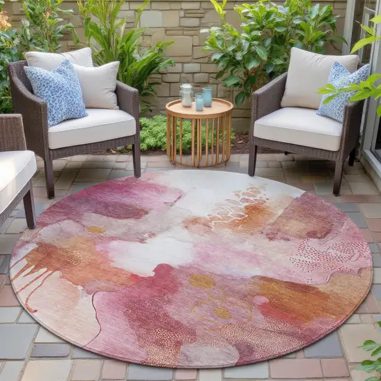 8' Pink Copper And Ivory Round Abstract Washable Indoor Outdoor Area Rug Photo 5