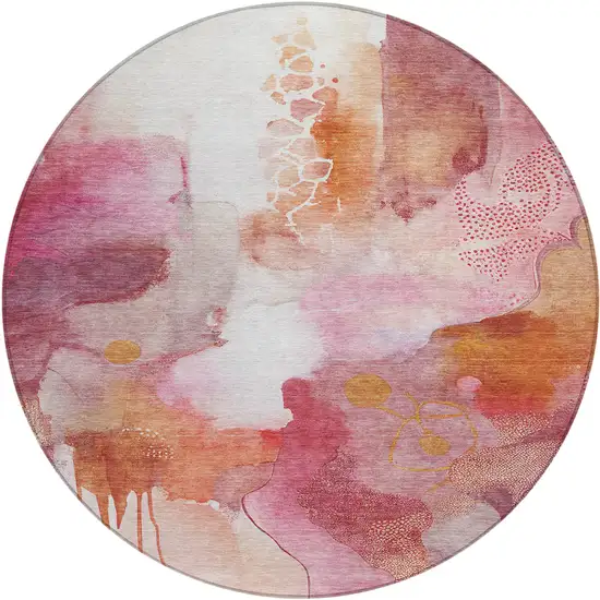 8' Pink Copper And Ivory Round Abstract Washable Indoor Outdoor Area Rug Photo 1