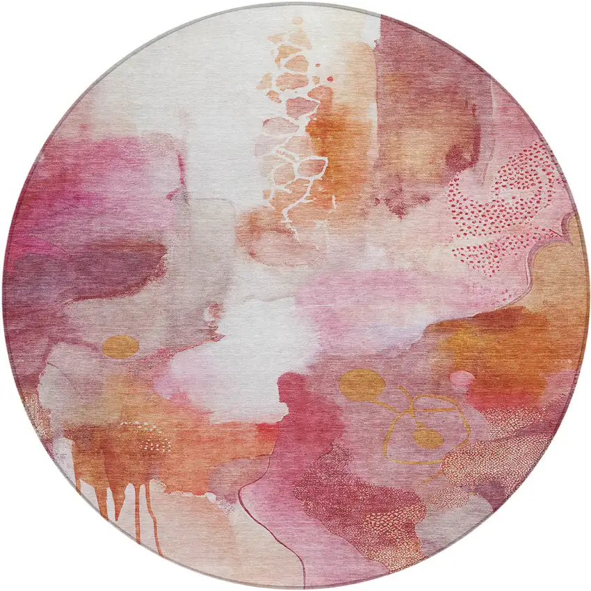 8' Pink Copper And Ivory Round Abstract Washable Indoor Outdoor Area Rug Photo 1