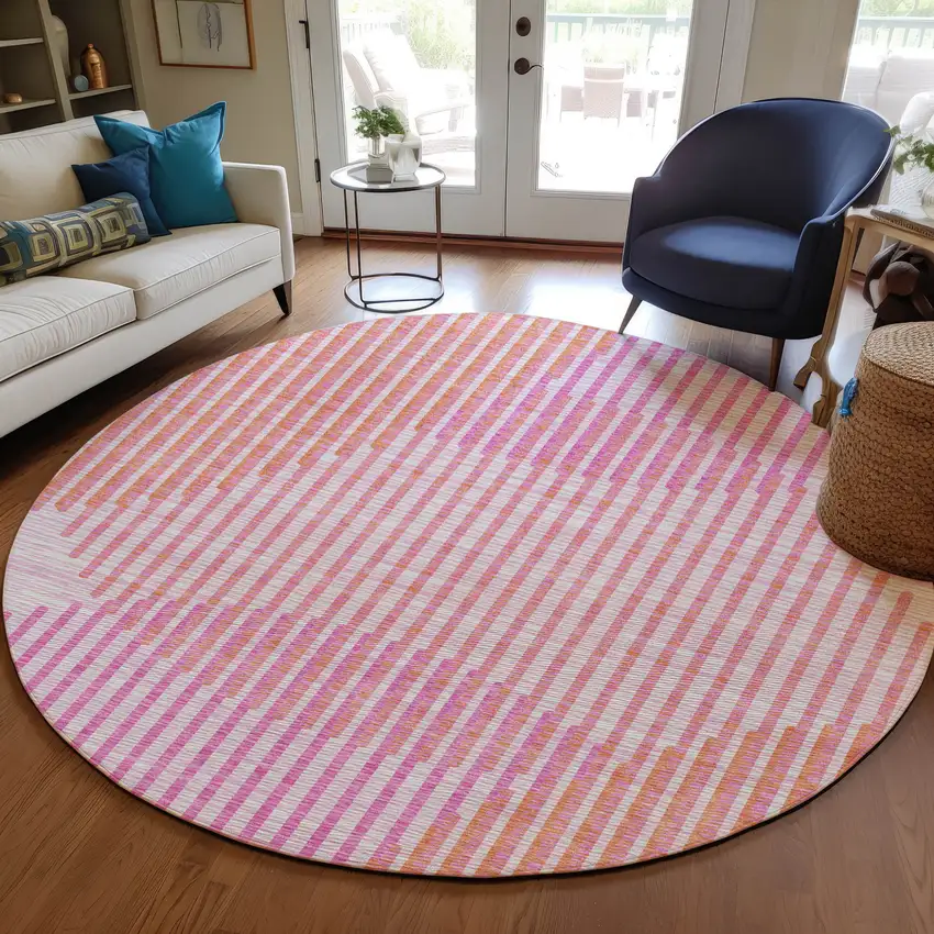 8' Pink Copper And Ivory Round Geometric Washable Indoor Outdoor Area Rug Photo 8