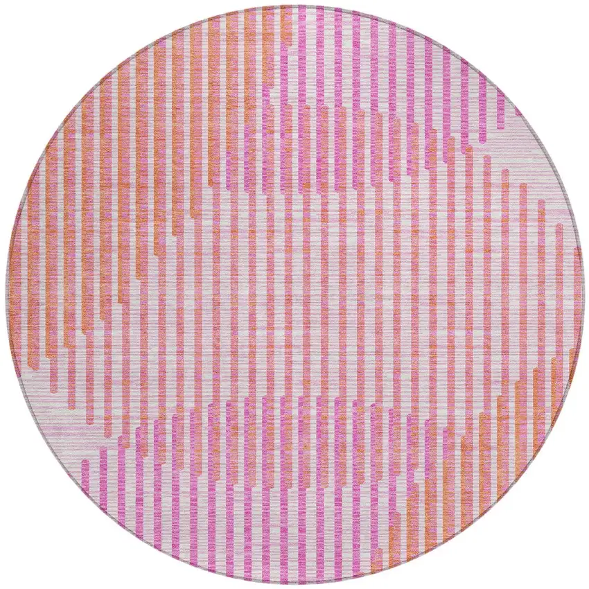 8' Pink Copper And Ivory Round Geometric Washable Indoor Outdoor Area Rug Photo 6