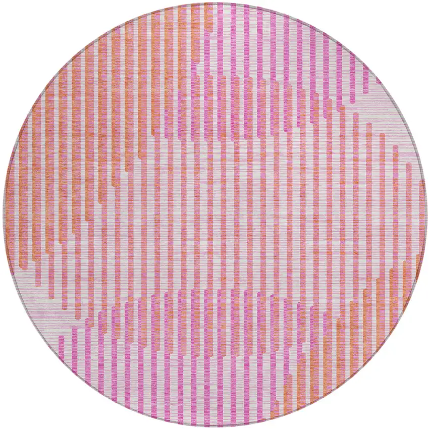 8' Pink Copper And Ivory Round Geometric Washable Indoor Outdoor Area Rug Photo 2