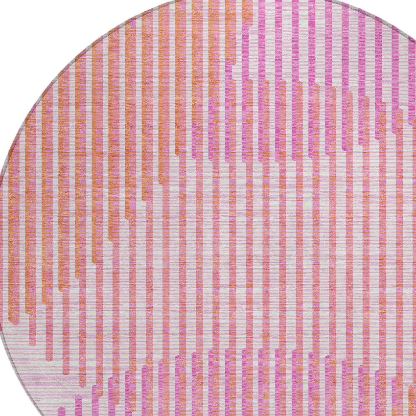 8' Pink Copper And Ivory Round Geometric Washable Indoor Outdoor Area Rug Photo 5