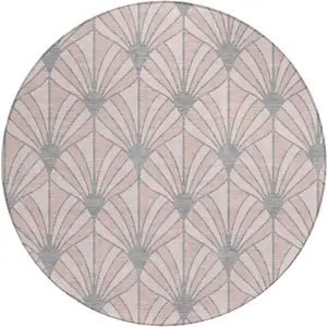 Photo of 8' Pink Coral And Gray Round Seashell Washable Indoor Outdoor Area Rug
