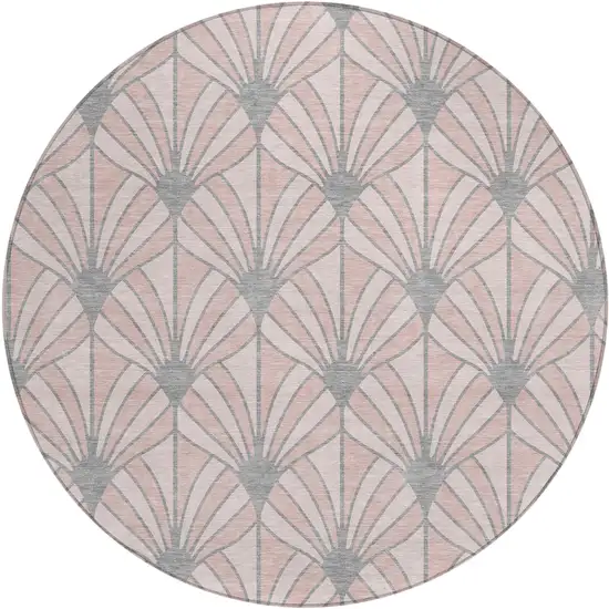 8' Pink Coral And Gray Round Seashell Washable Indoor Outdoor Area Rug Photo 1