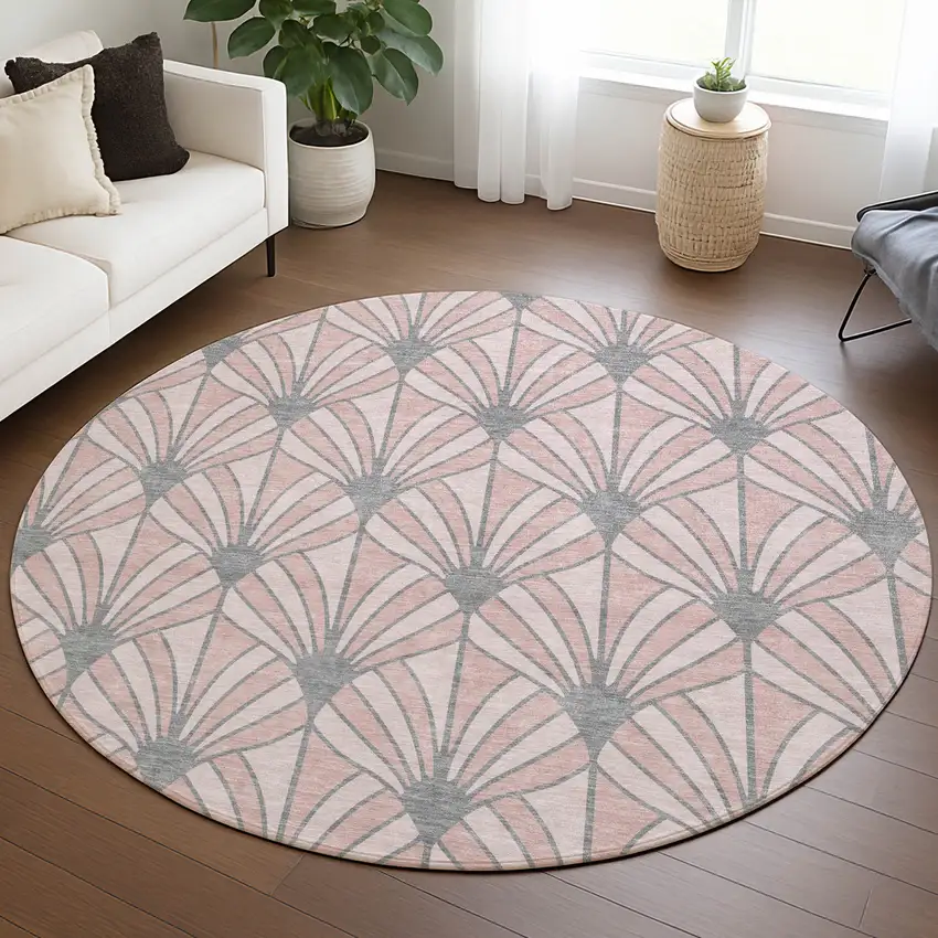 8' Pink Coral And Gray Round Seashell Washable Indoor Outdoor Area Rug Photo 5