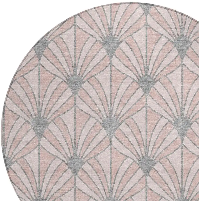 8' Pink Coral And Gray Round Seashell Washable Indoor Outdoor Area Rug Photo 2