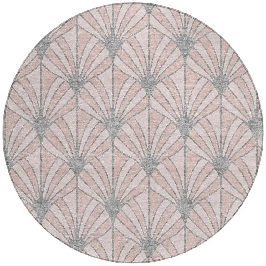 8' Pink Coral And Gray Round Seashell Washable Indoor Outdoor Area Rug Photo 3
