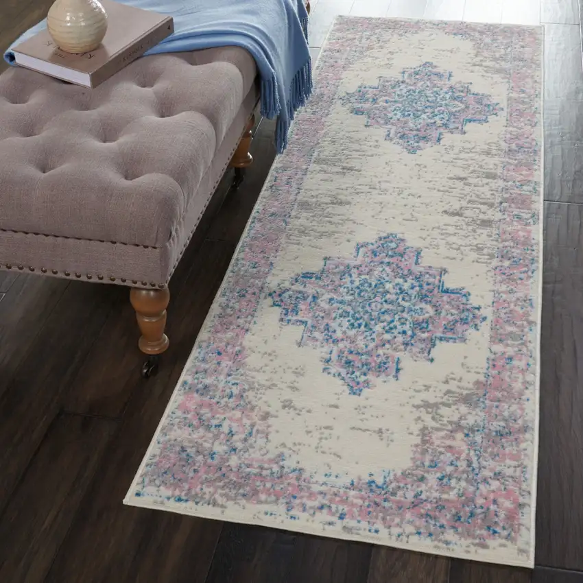 8' Pink Damask Power Loom Runner Rug Photo 6