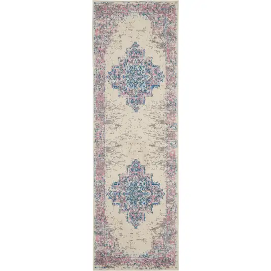 8' Pink Damask Power Loom Runner Rug Photo 1