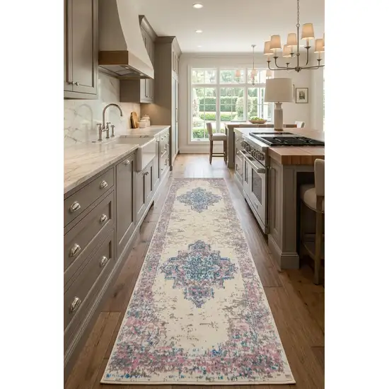 8' Pink Damask Power Loom Runner Rug Photo 1