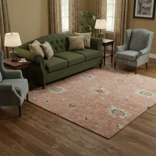 8' Pink Denim Blue And Silver Floral Washable Round Rug With UV Protection Photo 2