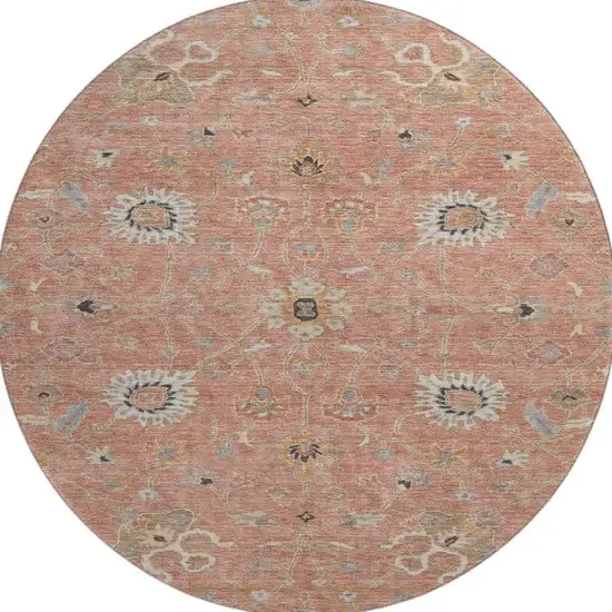 8' Pink Denim Blue And Silver Floral Washable Round Rug With UV Protection Photo 3