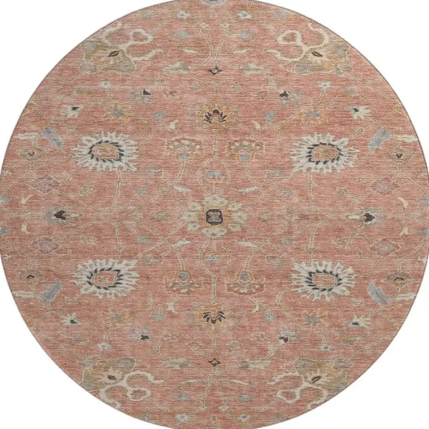 8' Pink Denim Blue And Silver Floral Washable Round Rug With UV Protection Photo 3