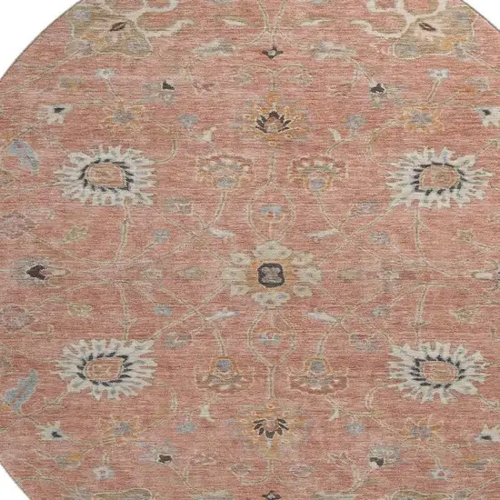 8' Pink Denim Blue And Silver Floral Washable Round Rug With UV Protection Photo 2