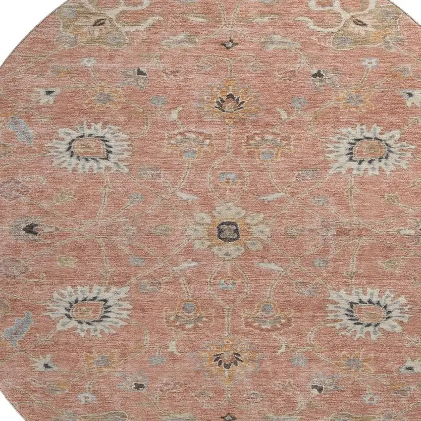 8' Pink Denim Blue And Silver Floral Washable Round Rug With UV Protection Photo 2