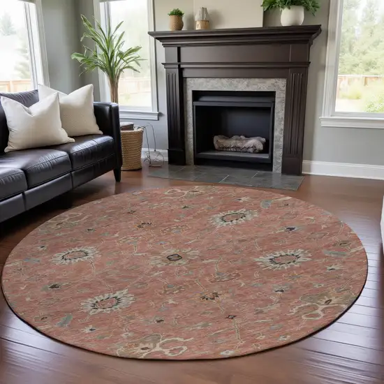8' Pink Denim Blue And Silver Floral Washable Round Rug With UV Protection Photo 4