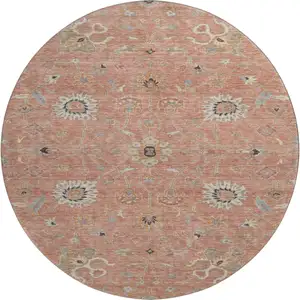Photo of 8' Pink Denim Blue And Silver Floral Washable Round Rug With UV Protection