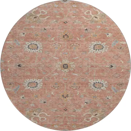 8' Pink Denim Blue And Silver Floral Washable Round Rug With UV Protection Photo 1