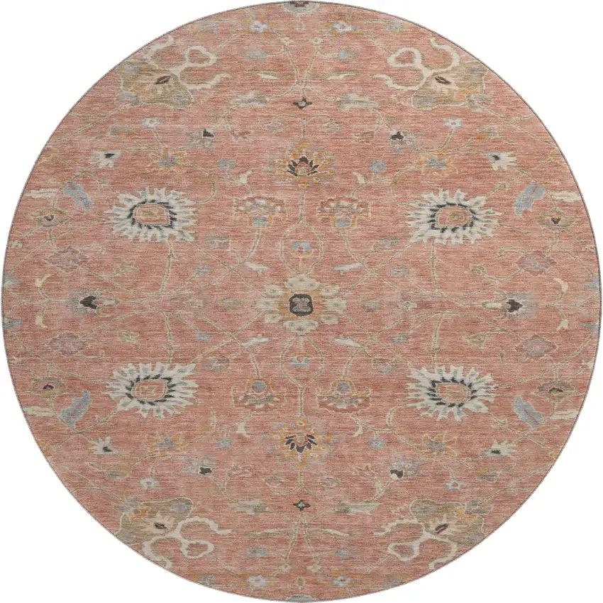 8' Pink Denim Blue And Silver Floral Washable Round Rug With UV Protection Photo 1