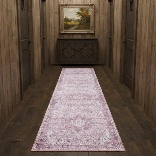 10' Pink Floral Distressed Runner Rug Photo 1