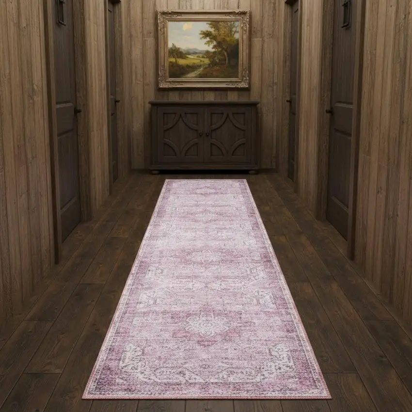 10' Pink Floral Distressed Runner Rug Photo 1