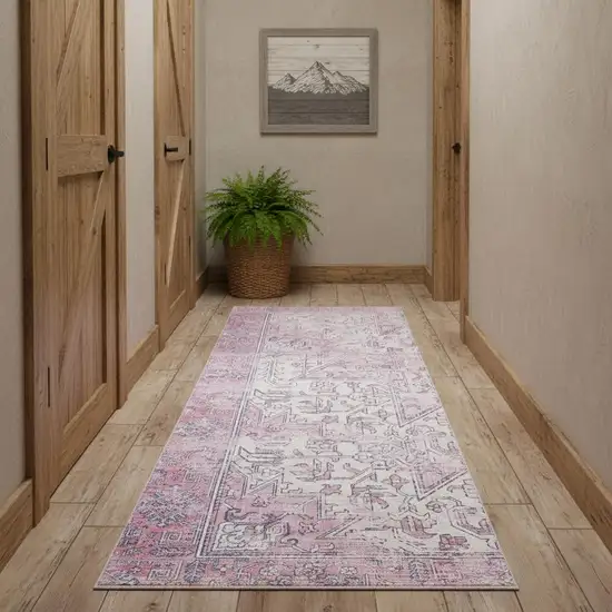 10' Pink Floral Distressed Runner Rug Photo 1