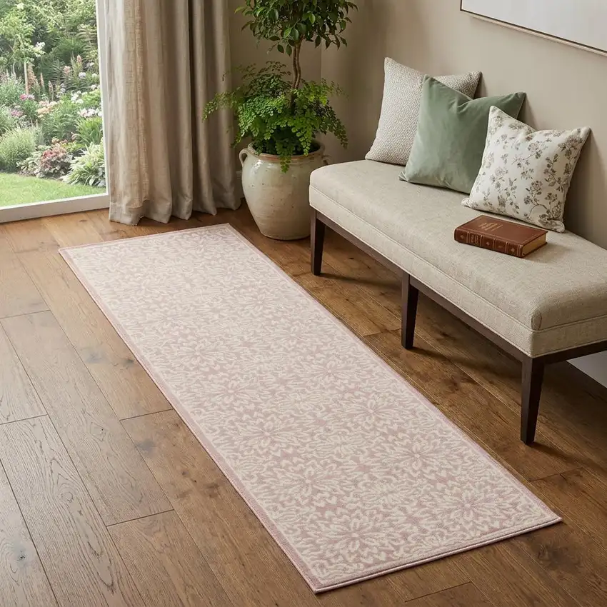 7' Pink Floral Power Loom Runner Rug Photo 1