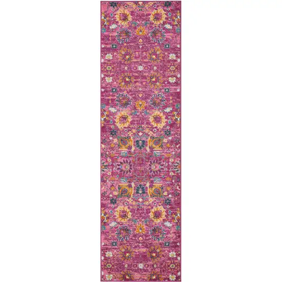 10' Pink Floral Power Loom Runner Rug Photo 4