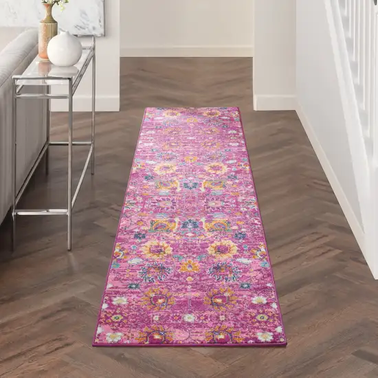 10' Pink Floral Power Loom Runner Rug Photo 5