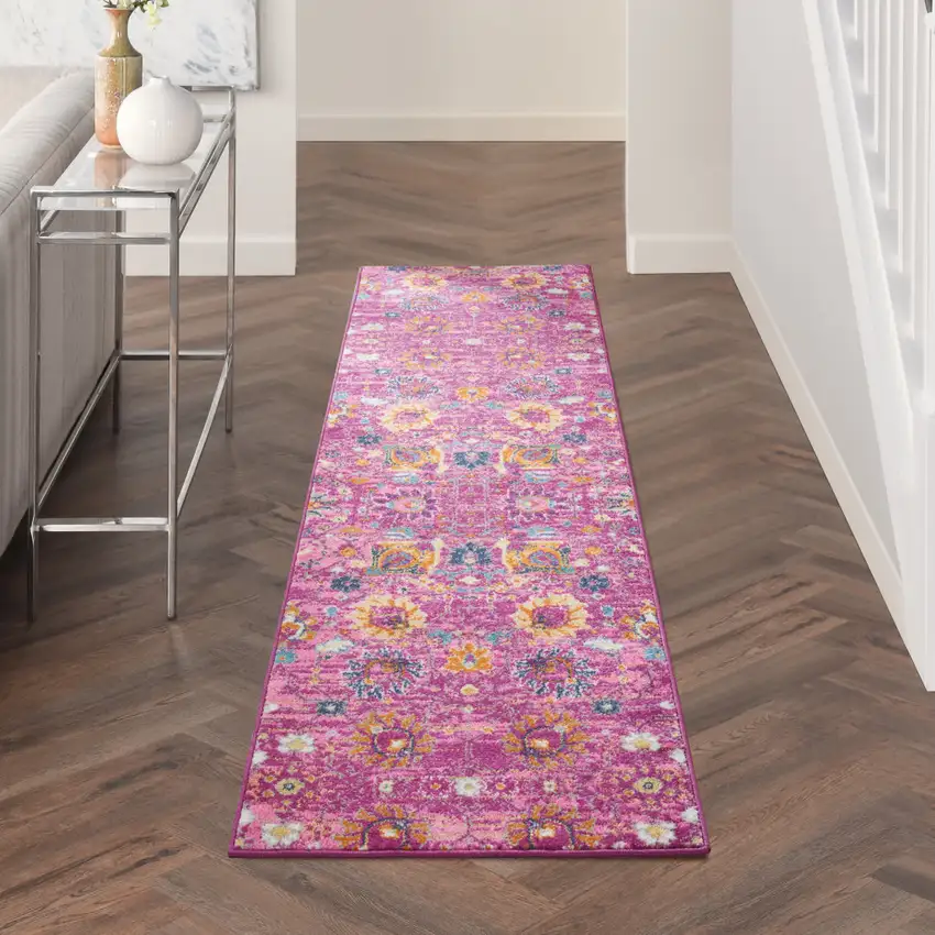 10' Pink Floral Power Loom Runner Rug Photo 5