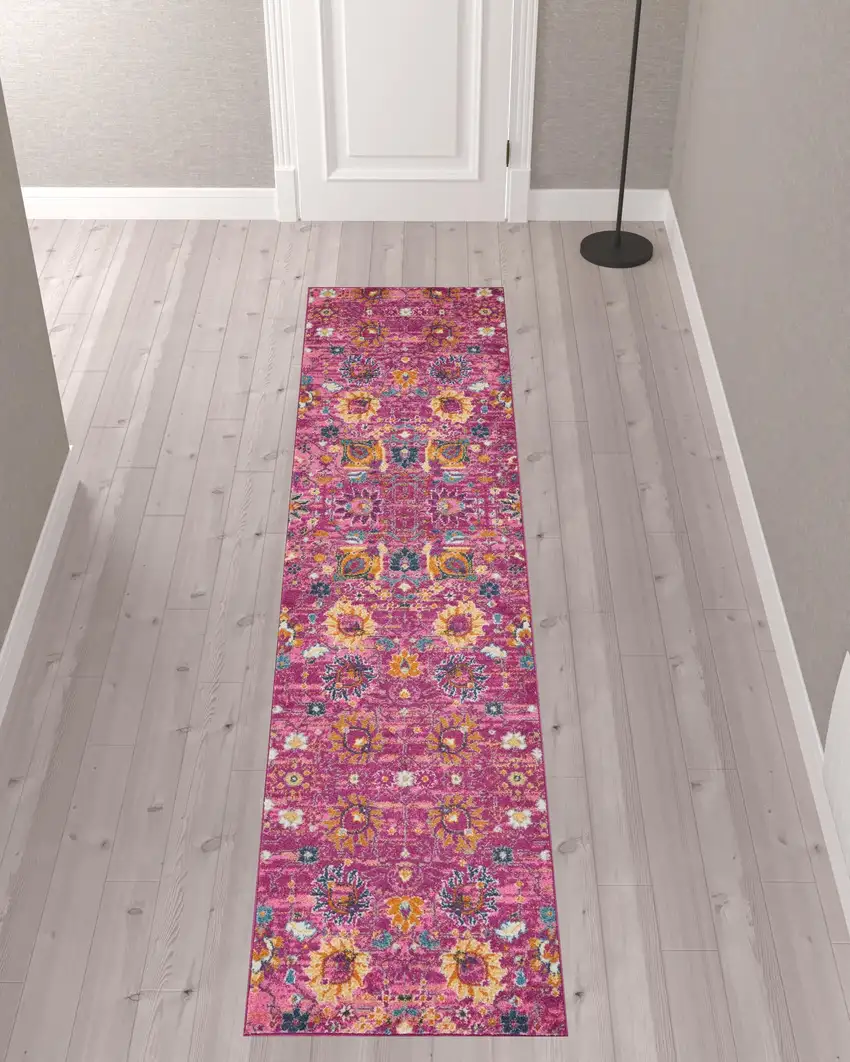 10' Pink Floral Power Loom Runner Rug Photo 2