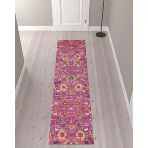 Photo of 10' Pink Floral Power Loom Runner Rug