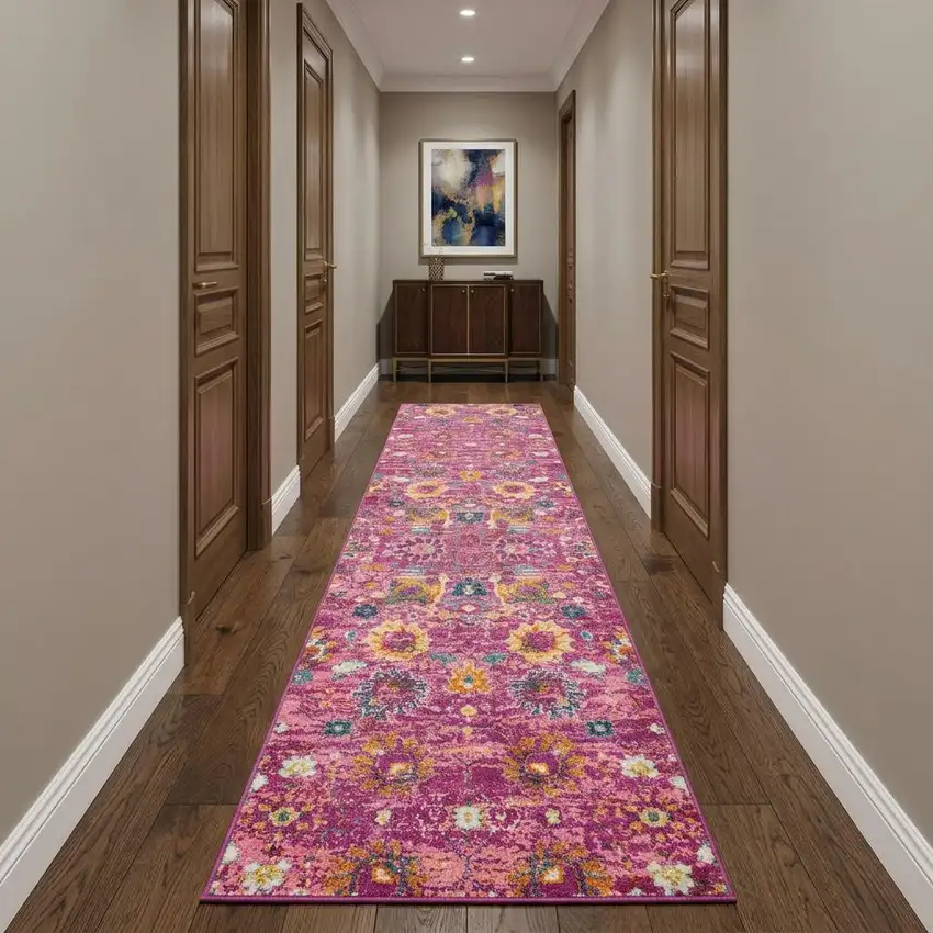 10' Pink Floral Power Loom Runner Rug Photo 1