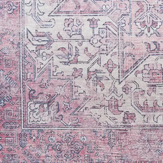 8' Pink Floral Power Loom Worn Faded Non Skid Runner Rug Photo 8