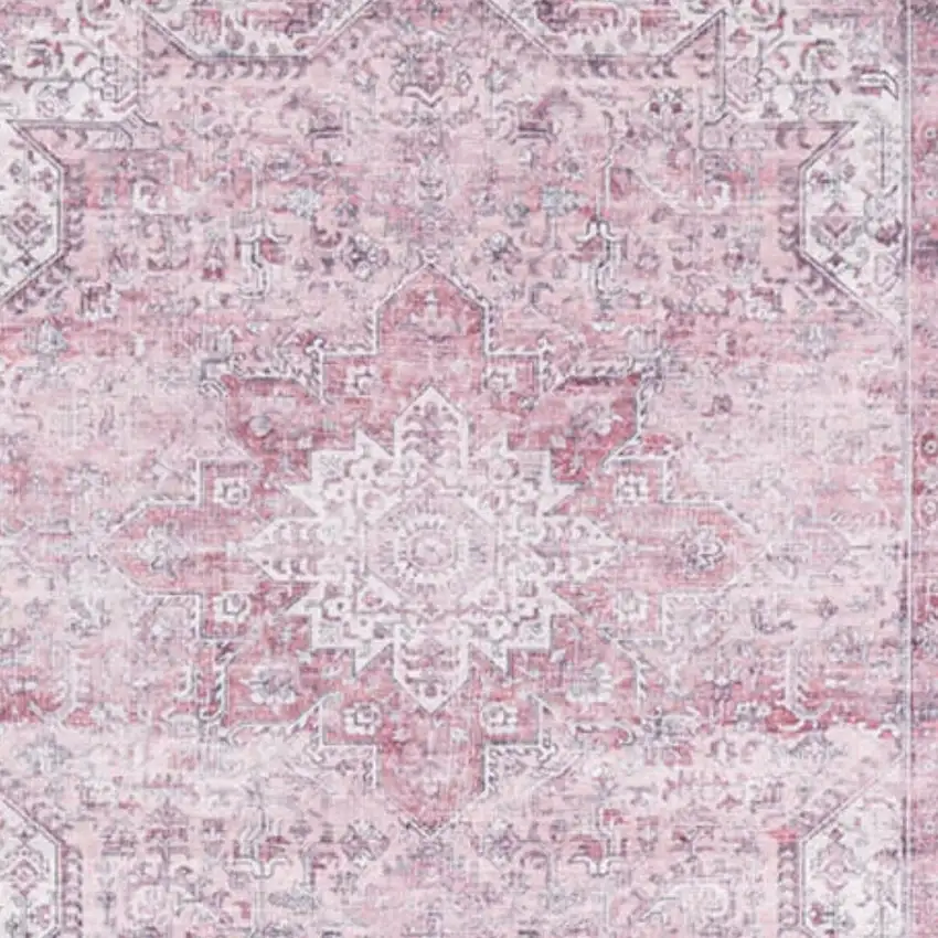 8' Pink Floral Power Loom Worn Faded Non Skid Runner Rug Photo 4