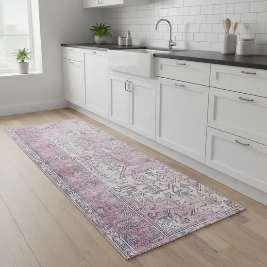 8' Pink Floral Power Loom Worn Faded Non Skid Runner Rug Photo 1