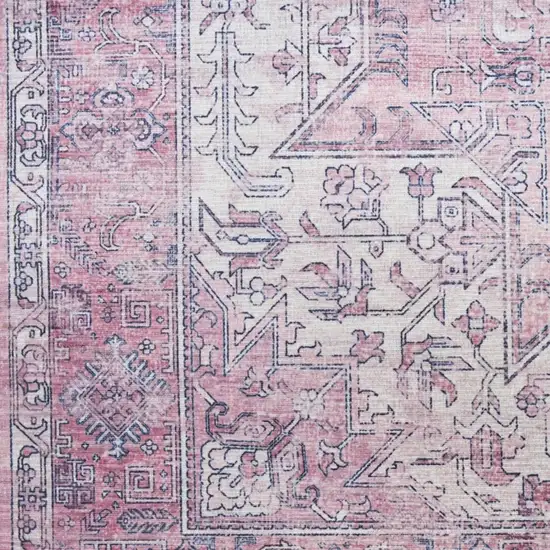 8' Pink Floral Power Loom Worn Faded Non Skid Runner Rug Photo 2
