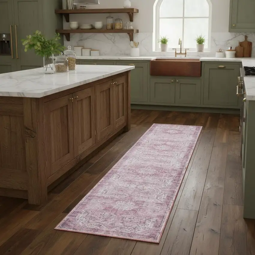 8' Pink Floral Power Loom Worn Faded Non Skid Runner Rug Photo 1