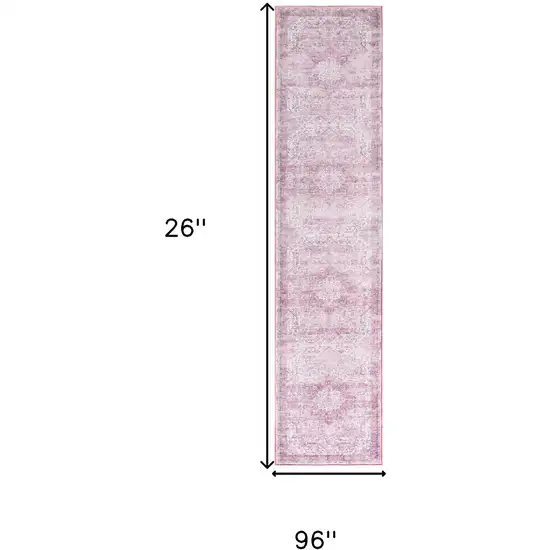 8' Pink Floral Power Loom Worn Faded Non Skid Runner Rug Photo 3