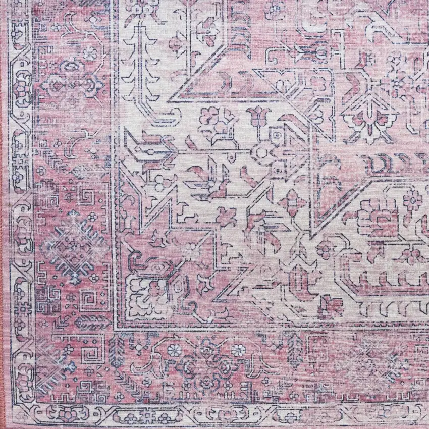 8' Pink Floral Power Loom Worn Faded Non Skid Runner Rug Photo 9