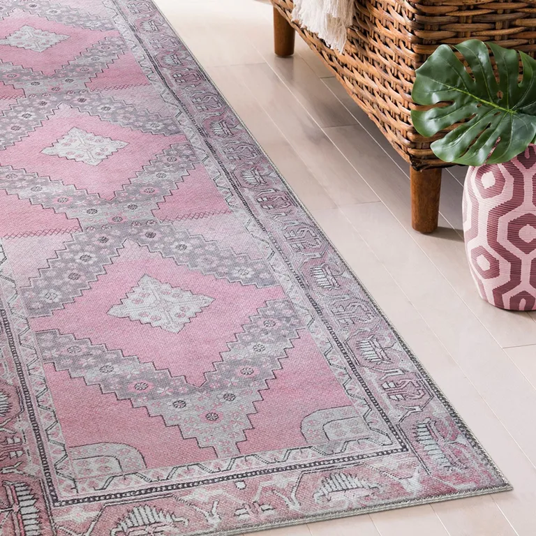 8' Pink Geometric Power Loom Distressed Stain Resistant Non Skid Runner Rug Photo 5