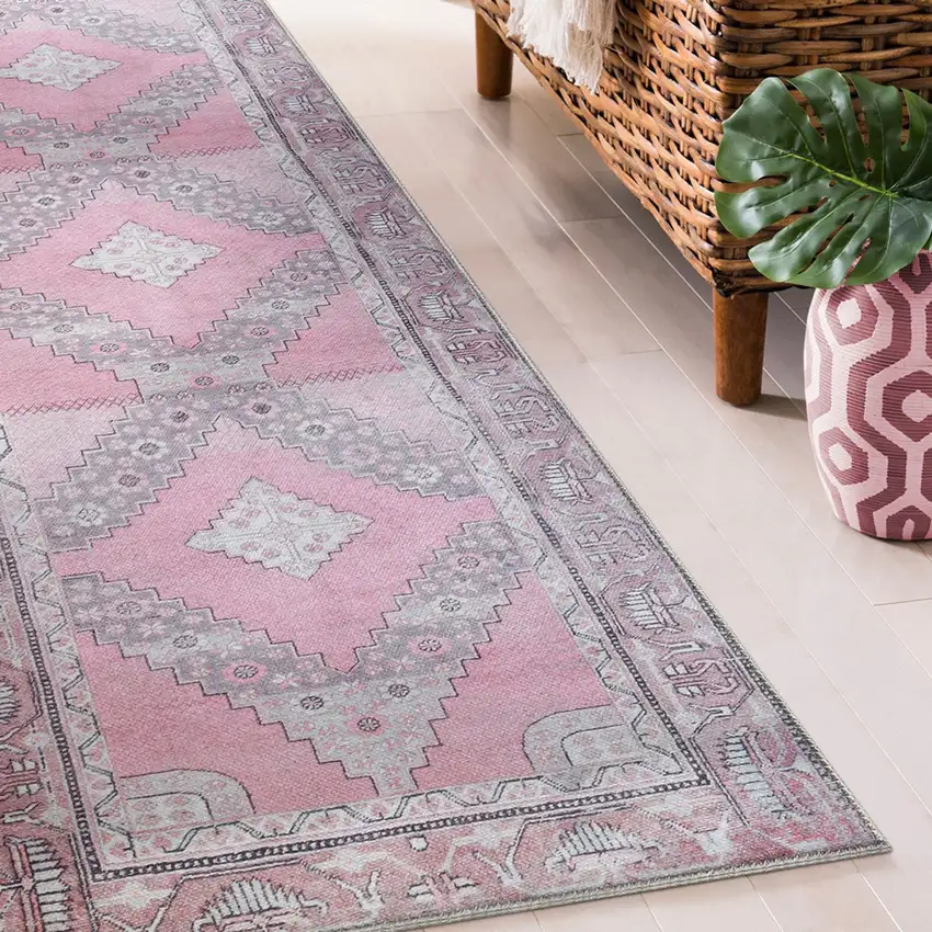8' Pink Geometric Power Loom Distressed Stain Resistant Non Skid Runner Rug Photo 7