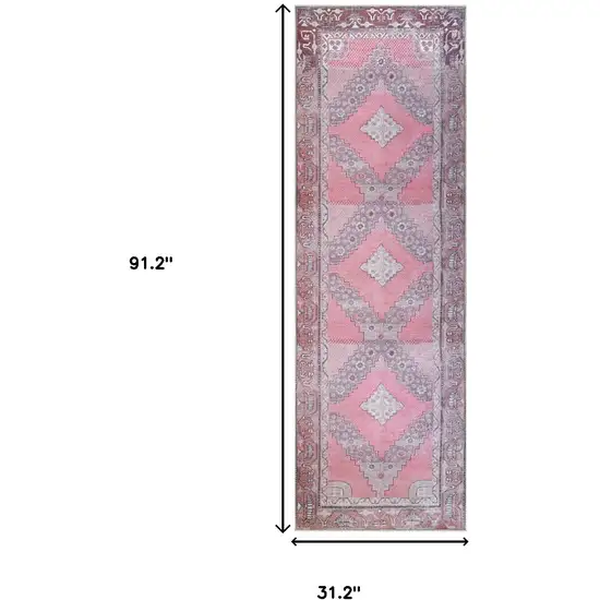 8' Pink Geometric Power Loom Distressed Stain Resistant Non Skid Runner Rug Photo 8