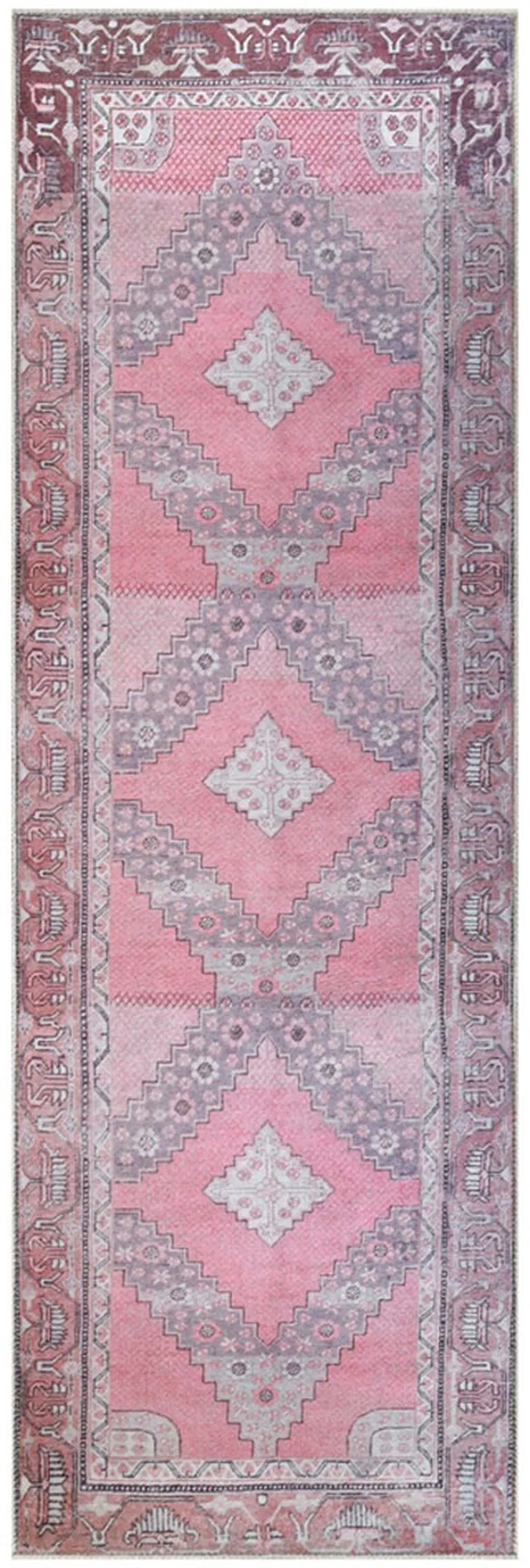 8' Pink Geometric Power Loom Distressed Stain Resistant Non Skid Runner Rug Photo 1