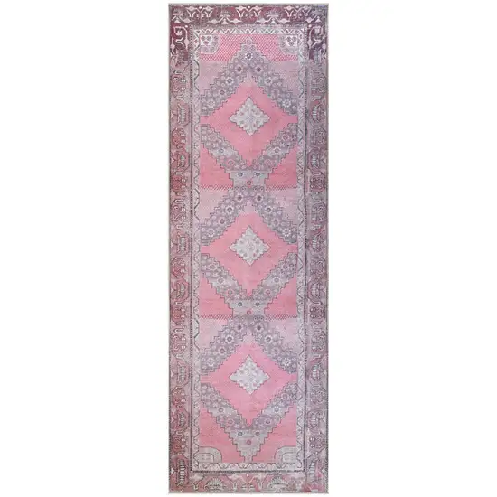 8' Pink Geometric Power Loom Distressed Stain Resistant Non Skid Runner Rug Photo 1
